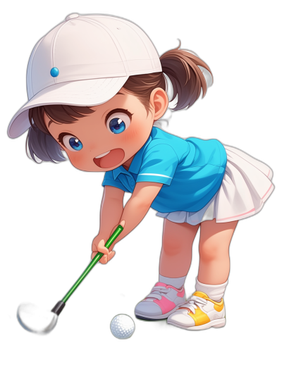 A cute little girl playing golf, wearing a blue t-shirt and white skirt with a cap on her head, black background, with a chibi style character design. She is smiling while hitting the ball with a driver club. High quality, high resolution 2D art for a mobile game, cute kawaii cartoon in the style of chibi.