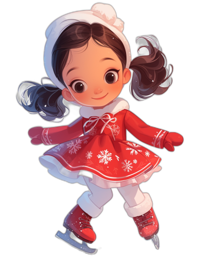 A cute little girl wearing a red and white snowflake dress, ice skating on the rink, in the style of Pixar, Disney, with a chibi character design, as a full body portrait, on a black background, as a cartoon illustration, with bright colors, with high detail, in a 2D flat style.