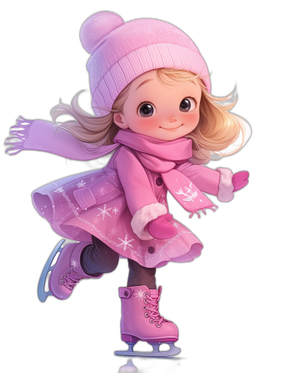 Cute girl in a pink winter outfit ice skating in the style of clipart, with a black background, high definition, high resolution