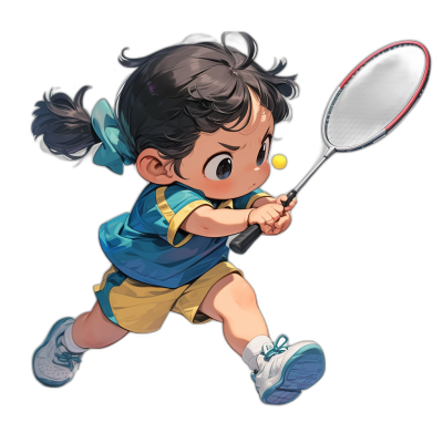 A little girl playing badminton, wearing blue and yellow  with black hair in the style of Chibi character design. 2D game art, isolated on a pure black background. Vector illustration with high resolution, high detail, high quality, and high definition pixel count. Best color scheme and render.