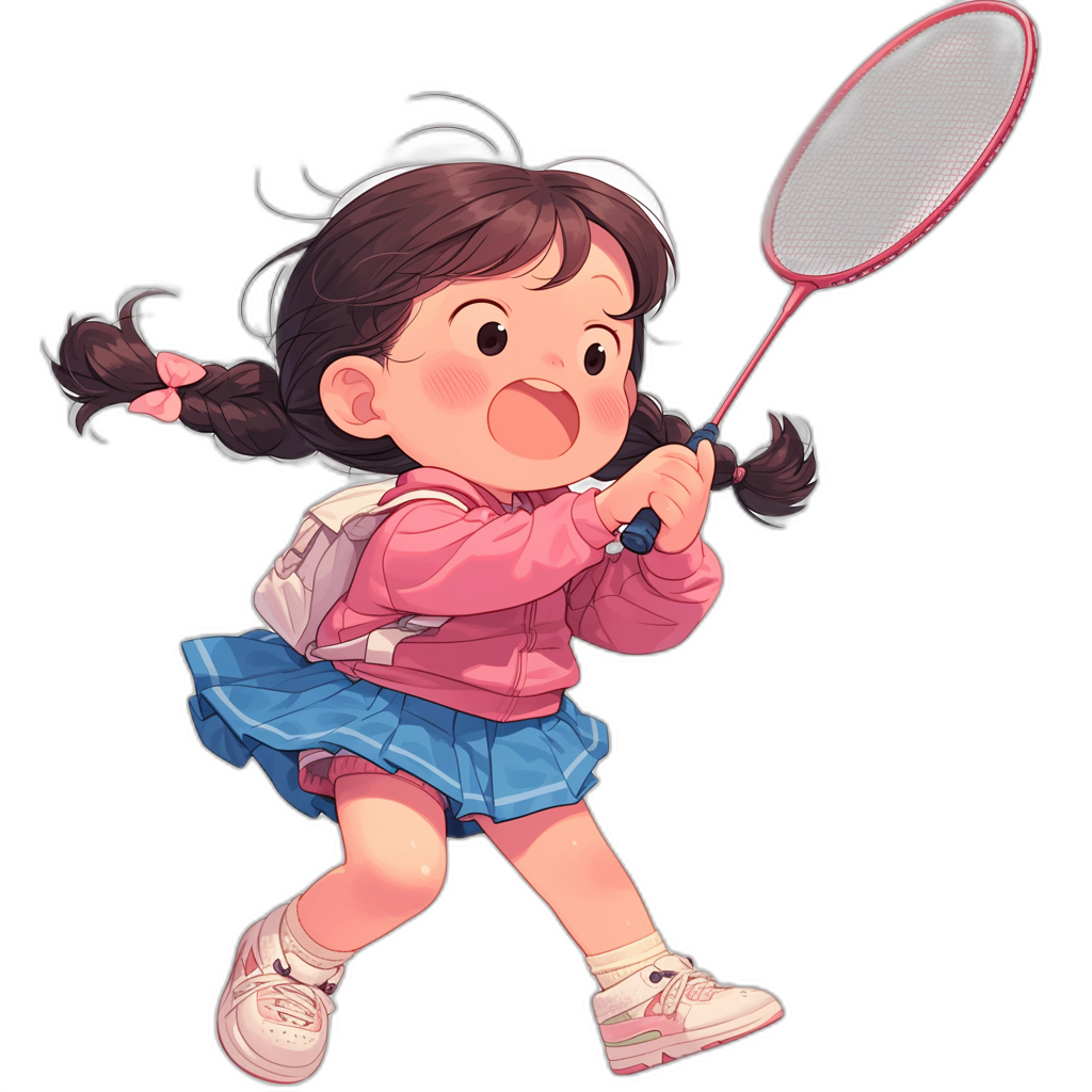 Cute little girl playing badminton, wearing a pink jacket and blue skirt with a happy expression. She has a white headband in her hair and is holding the racket in both hands against a black background. The style is reminiscent of Q-version manga with a cartoon character design and high-definition resolution.