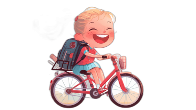 A cute little girl with short blonde hair and blue eyes is riding her red bike, she has an oversized backpack on the back of it and laughing, cartoon style, vector art, black background, 2d flat design, cute adorable character, high resolution, digital illustration, high detail, hyperrealistic, colorful, vibrant colors, happy mood, simple design, minimalism, children's book illustrations, Disney Pixar style, soft lighting, isolated on white background