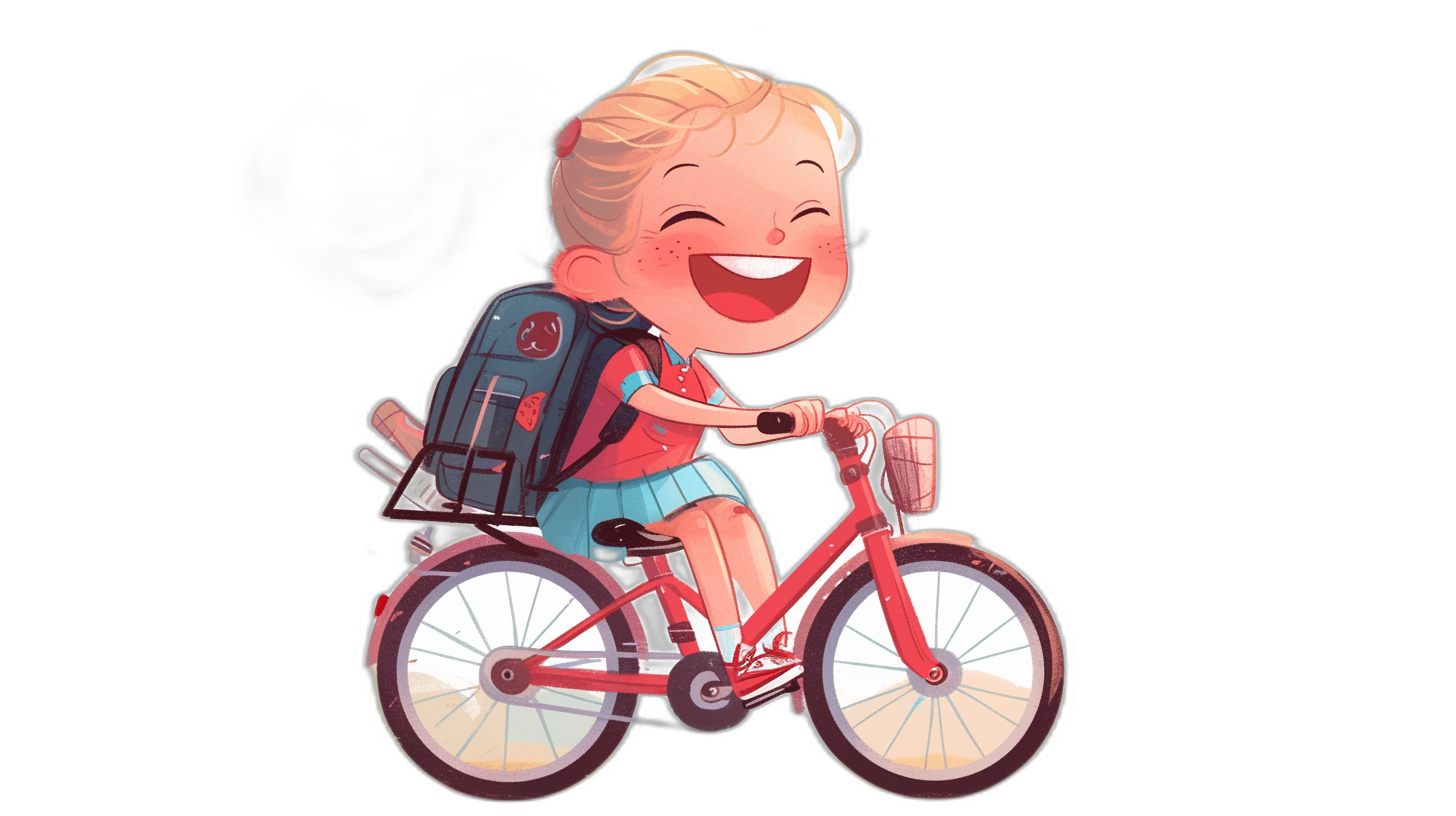 A cute little girl with short blonde hair and blue eyes is riding her red bike, she has an oversized backpack on the back of it and laughing, cartoon style, vector art, black background, 2d flat design, cute adorable character, high resolution, digital illustration, high detail, hyperrealistic, colorful, vibrant colors, happy mood, simple design, minimalism, children’s book illustrations, Disney Pixar style, soft lighting, isolated on white background