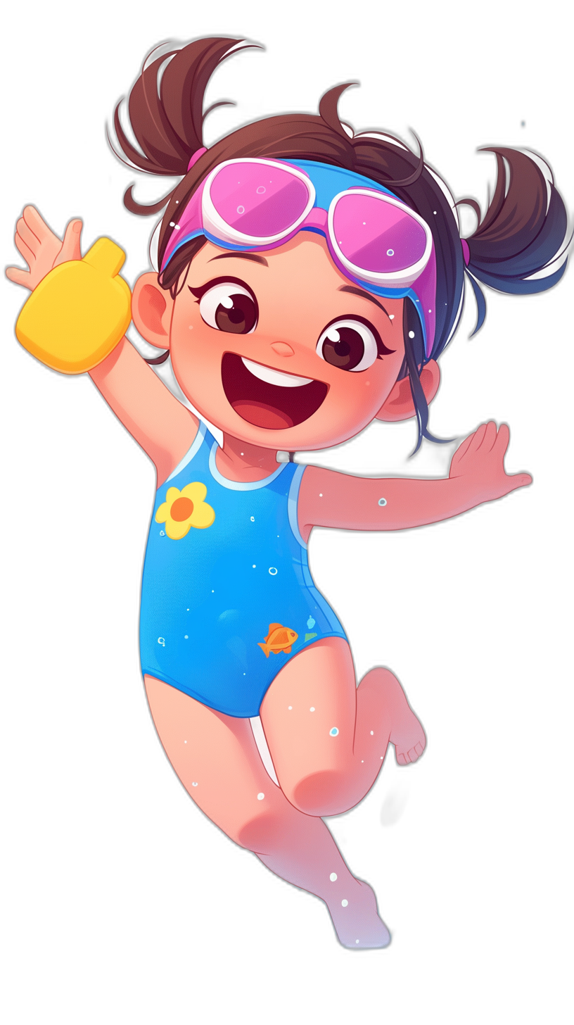 A cute little girl wearing a blue swimming suit, pink goggles and white socks is jumping happily in the air with a black background. She has big eyes, long eyelashes, brown hair, and a smiling face expression, with a yellow rubber ring on her hand and in the style of cartoon style. The character design features bright colors and in the style of Disney animation.