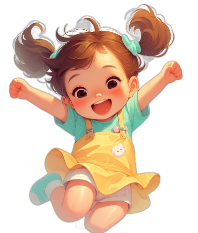 A cute baby girl with two ponytails, wearing a yellow dress and blue t-shirt, smiling happily, jumping in the air in a full body shot against a black background in a flat illustration style in the style of Rossdraws' artstation artwork, winner of a Zbrush central contest, suitable for 2D game art in a Pixar animation style, a cute cartoon character design with high resolution.