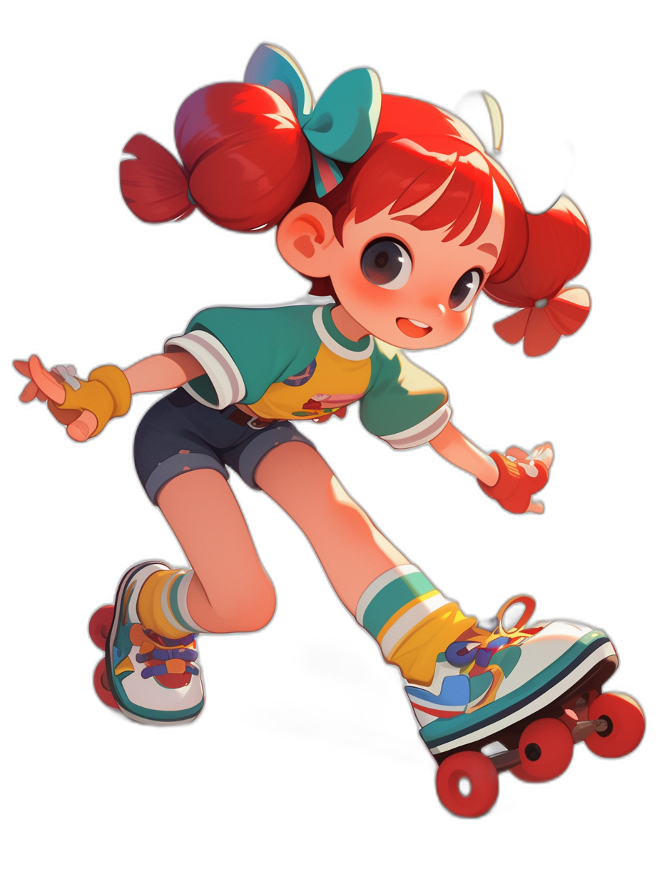 A cute girl roller skating in the style of character design. Colorful shoes in a cartoon style against a black background. A 2D game art side view of a cute girl with red hair in two pigtails tied with one blue ribbon bow on her head. She has big eyes and is depicted in bright colors with high quality, high resolution, and high detail. The image is super detailed.