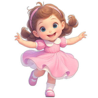 A cute little girl in a pink dress with a white collar and shoes, with brown hair in pigtails and blue eyes smiling happily, in a jumping pose, in the style of a Disney cartoon character design, on a black background, with high resolution and no text or letters.