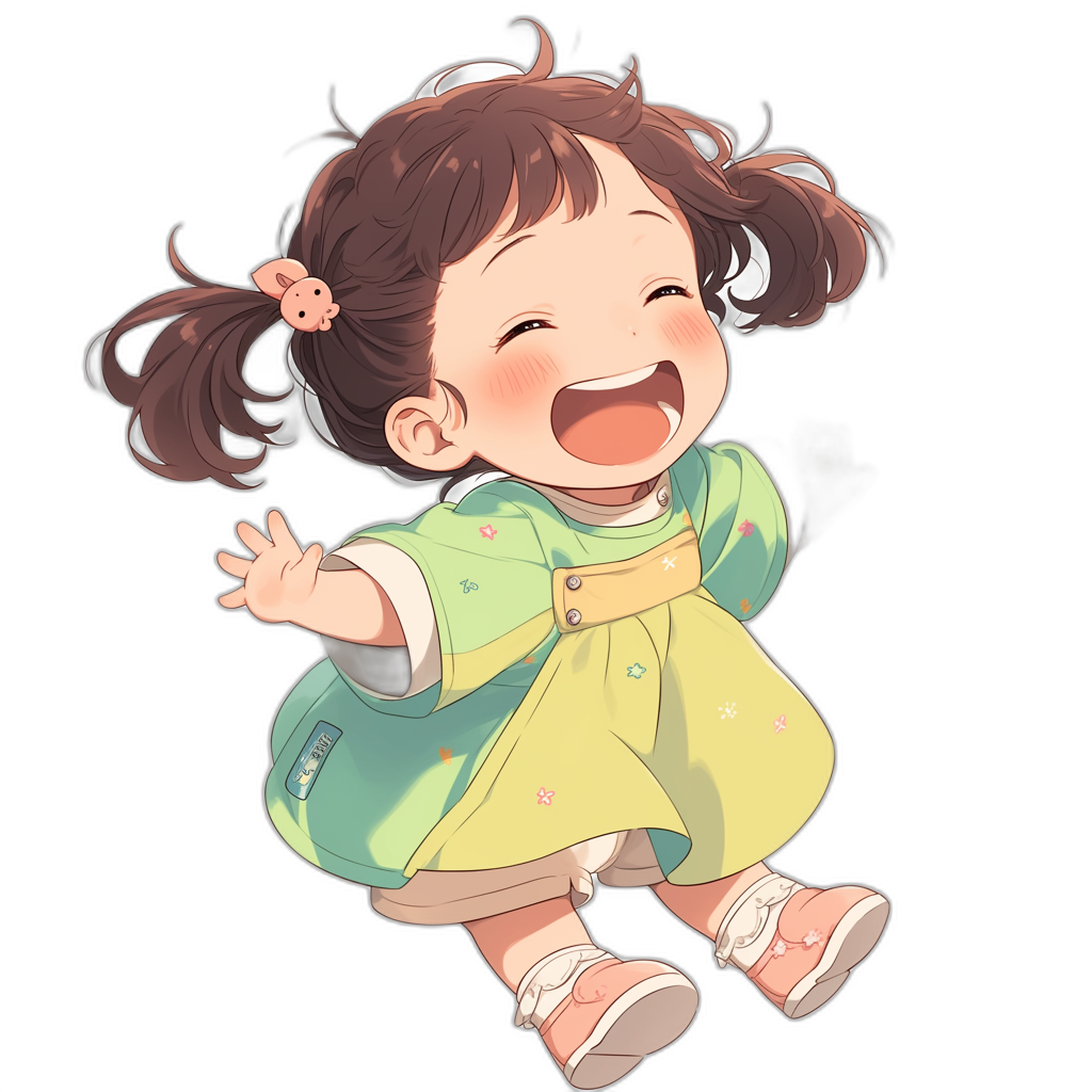 Cute little girl, laughing happily with hands raised to the sky, wearing green and yellow  and pink shoes on her feet, against a black background, in a cartoon style, with high definition, as a cute baby version, in the style of Q-version manga, in an animated artstation.