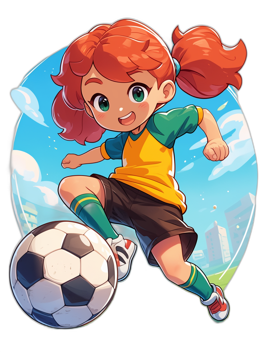 A cute kawaii style illustration of an orange haired girl playing soccer, wearing green socks and a yellow t-shirt with black shorts, with a big city in the background, cartoon vector art, colorful, 2D game graphics, high contrast shading, in the style of an anime artist.