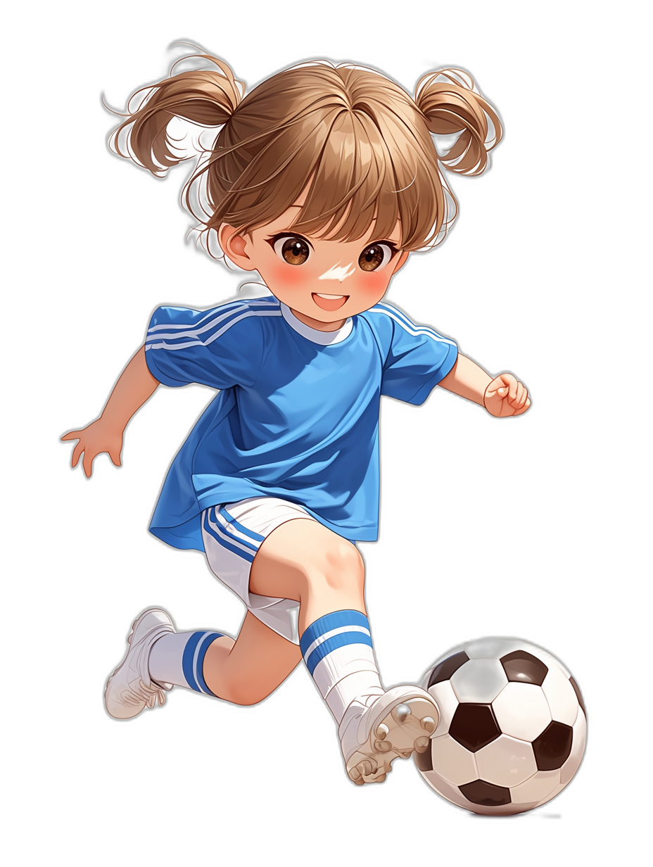 A cute little girl in a blue soccer jersey playing football against a black background in the style of anime.