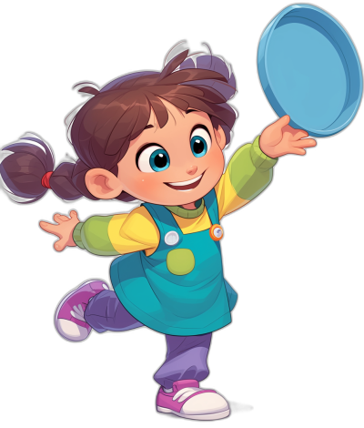 A cute little girl is playing frisbee, cartoon style with black background and colorful . She has brown hair in pigtails wearing an apron over her green top, purple pants, white shoes, blue socks on one foot and pink sneakers on the other shoe. The character should have large eyes and smile while holding up a lightblue plate to play Frarkettes isolated