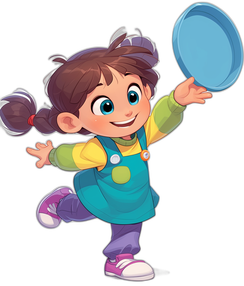 A cute little girl is playing frisbee, cartoon style with black background and colorful . She has brown hair in pigtails wearing an apron over her green top, purple pants, white shoes, blue socks on one foot and pink sneakers on the other shoe. The character should have large eyes and smile while holding up a lightblue plate to play Frarkettes isolated