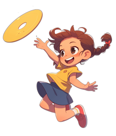 A cute little girl is playing frisbee in a simple drawing style. This vector illustration features a black background with colorful cartoon characters in simple lines and flat color blocks with high contrast colors. The front view shows the character jumping with brown hair and bangs along with a white permed double ponytail. She is wearing a yellow T-shirt, blue skirt and red shoes in the style of Pokemon Anime Character Design.