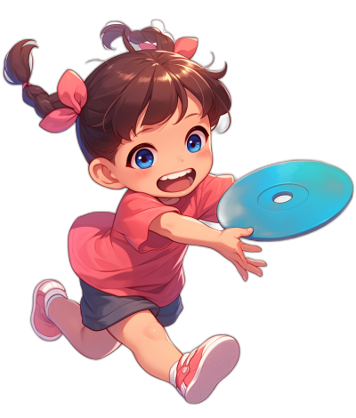 A cute little girl is playing frisbee, smiling happily with blue eyes and pink . She has brown hair in pigtails, wearing red shoes on her feet. The background of the character is black. In an anime style, she's holding a light blue plate. Her hands and legs are depicted. A plain black backdrop highlights her vibrant colors. This is an illustration in the style of [Hayao Miyazaki](https://goo.gl/search?artist%20Hayao%20Miyazaki), hand drawn, [Studio Ghibli](https://goo.gl/search?artist%20Studio%20Ghibli) artwork.