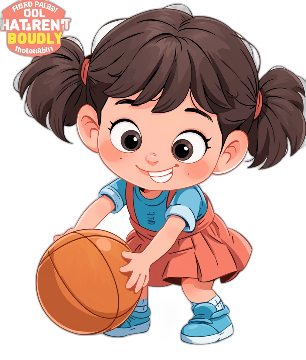 A cute little girl basketball player in the style of digital art, with dark brown hair and pigtails wearing blue shoes playing basketball on a black background. The cartoon character is designed to look like it was drawn in the style of Disney Pixar. She has large eyes, a big round nose, a small mouth open smiling, dressed in an orange skirt uniform and pink shirt, holding a basketball. She holds out her hands to hug the camera. Vector illustration, high resolution vector.