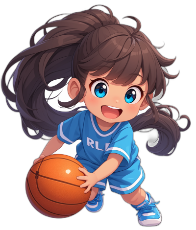 chibi style character design of an anime girl playing basketball in a blue jersey and white shoes with brown hair on a black background in the style of chdayan.