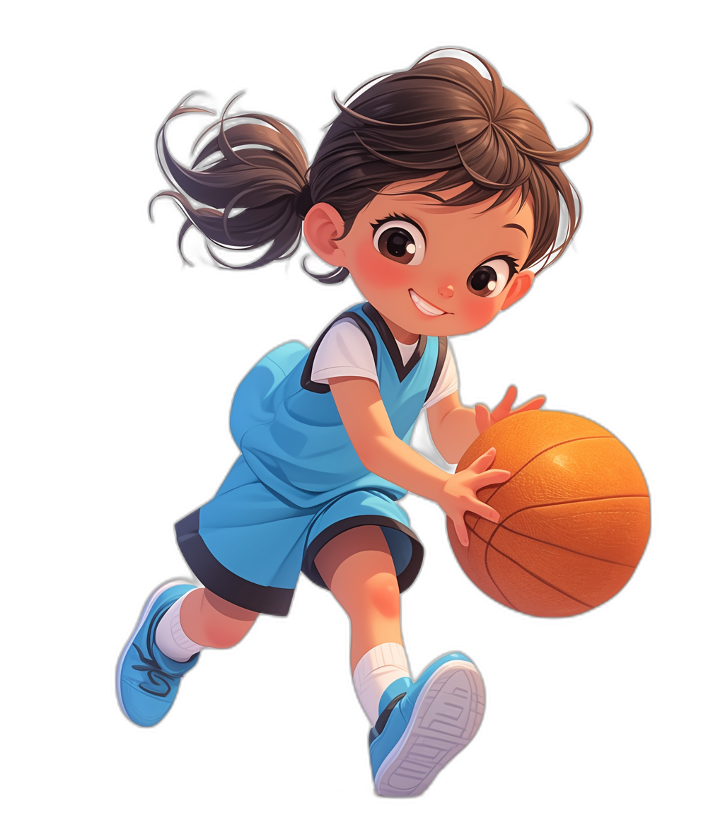 A cute little girl is playing basketball, wearing a blue school uniform and white socks on her feet. She has dark brown hair tied in two ponytails, smiling with bright eyes as she dribbles the ball down the court. The illustration style should be in the style of anime with vibrant colors against a black background. Use digital art techniques to create depth and texture for an engaging visual experience. A high resolution of 300dpi captures every detail.