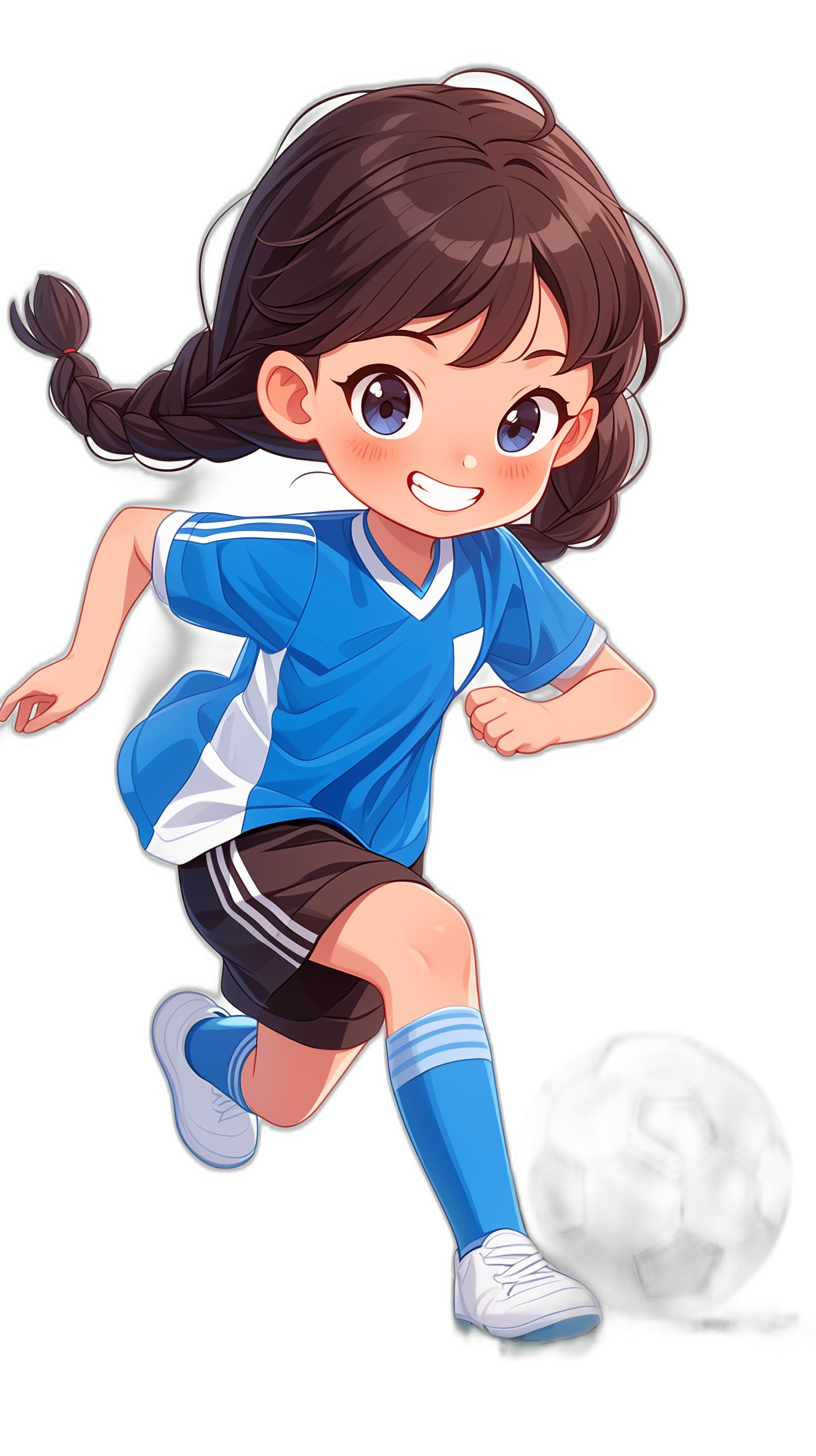 A cute girl in blue and white jersey playing soccer, running towards the ball, black background, chibi style, Japanese anime drawing style, full body shot, cartoon style, character design for mobile game, 2d art illustration, wearing shorts with navy stripes on sides, long brown hair in ponytail hairstyle, smiling face expression, bright colors, high resolution, high detail, sharp focus