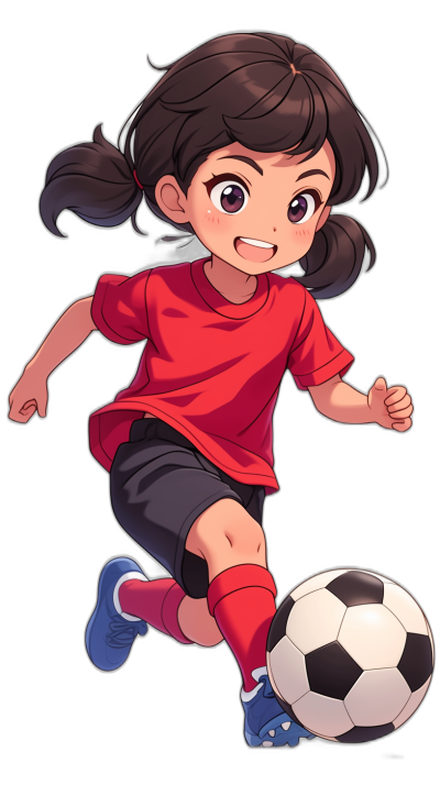 A cute little girl in a red t-shirt and black shorts playing soccer in the style of Japanese anime. The character design shows her full body with a simple background. The art has a 2D game style with flat colors and is a vector illustration. She has black shoes with blue laces, dark brown hair with bangs in a ponytail hairstyle, and big eyes with a smiling expression as her foot kicks a ball. The image is high quality and high resolution.