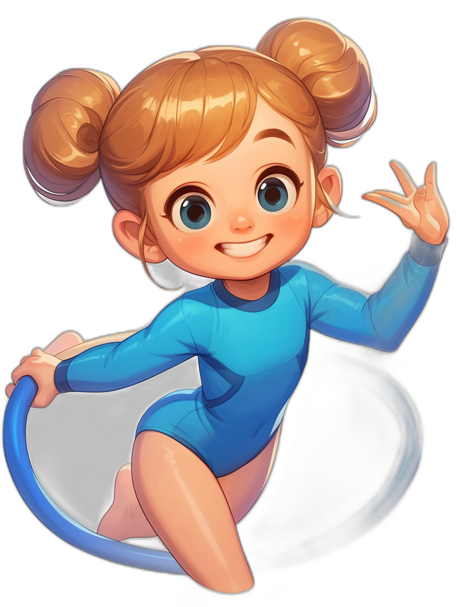 Cute cartoon girl with blonde hair in pigtails, blue leotards doing gymnastics on a black background, big eyes, smiling, in the Disney style, Pixar animation character design for a mobile game, concept art in the style of [Artgerm](https://goo.gl/search?artist%20Artgerm) and [Atey Ghailan](https://goo.gl/search?artist%20Atey%20Ghailan).