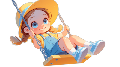 A cute little girl with blue eyes and a yellow hat is sitting on the swing, wearing overalls and white sneakers, smiling happily against a black background in the style of Disney Pixar and in the 2D game art style, with high resolution and high detail for the best quality.