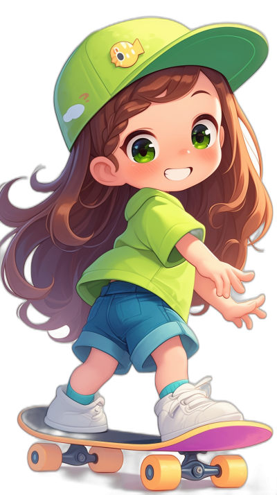 chibi style, green cap and blue shorts with white shoes on skateboard, long brown hair, bright eyes, happy face, black background, cartoon character design