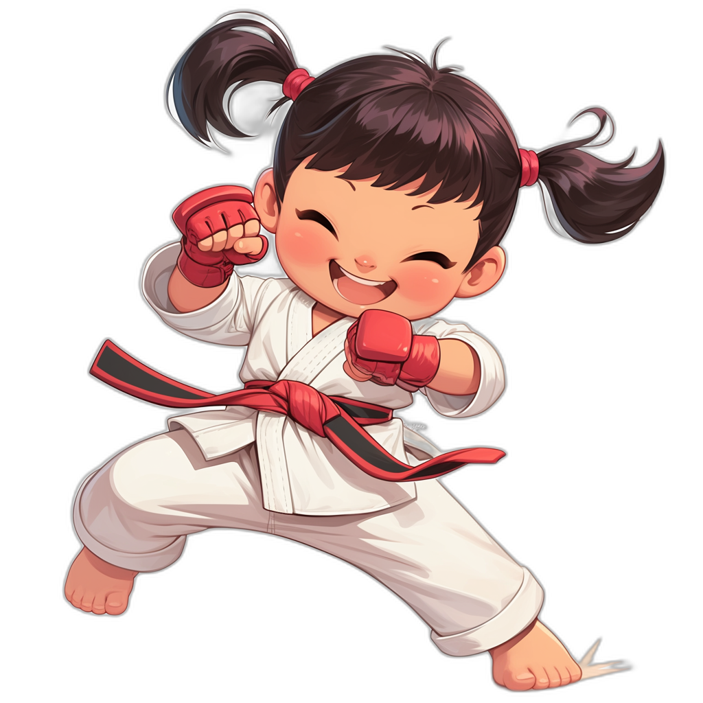 A cute little girl with dark brown hair in pigtails, wearing white karate robes and red gloves doing her kick pose in the style of Street Fighter on a black background, with a chibi style character design.