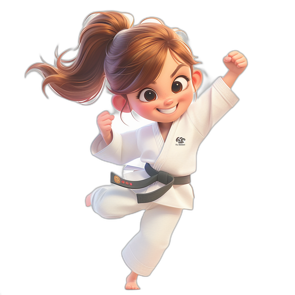 A young girl with brown hair in pigtails doing karate, wearing a white judo outfit and a black belt, smiling, in the style of Pixar character illustration on a black background.