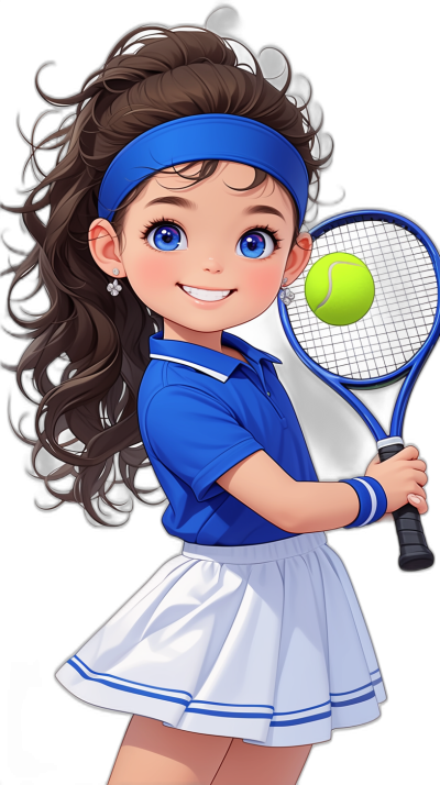 Tall, cute little girl with dark brown curly hair in an updo wearing a blue and white tennis outfit holding a racket playing tennis smiling on a black background in the style of an anime character design, 2D game art, blue eyes, high detail.