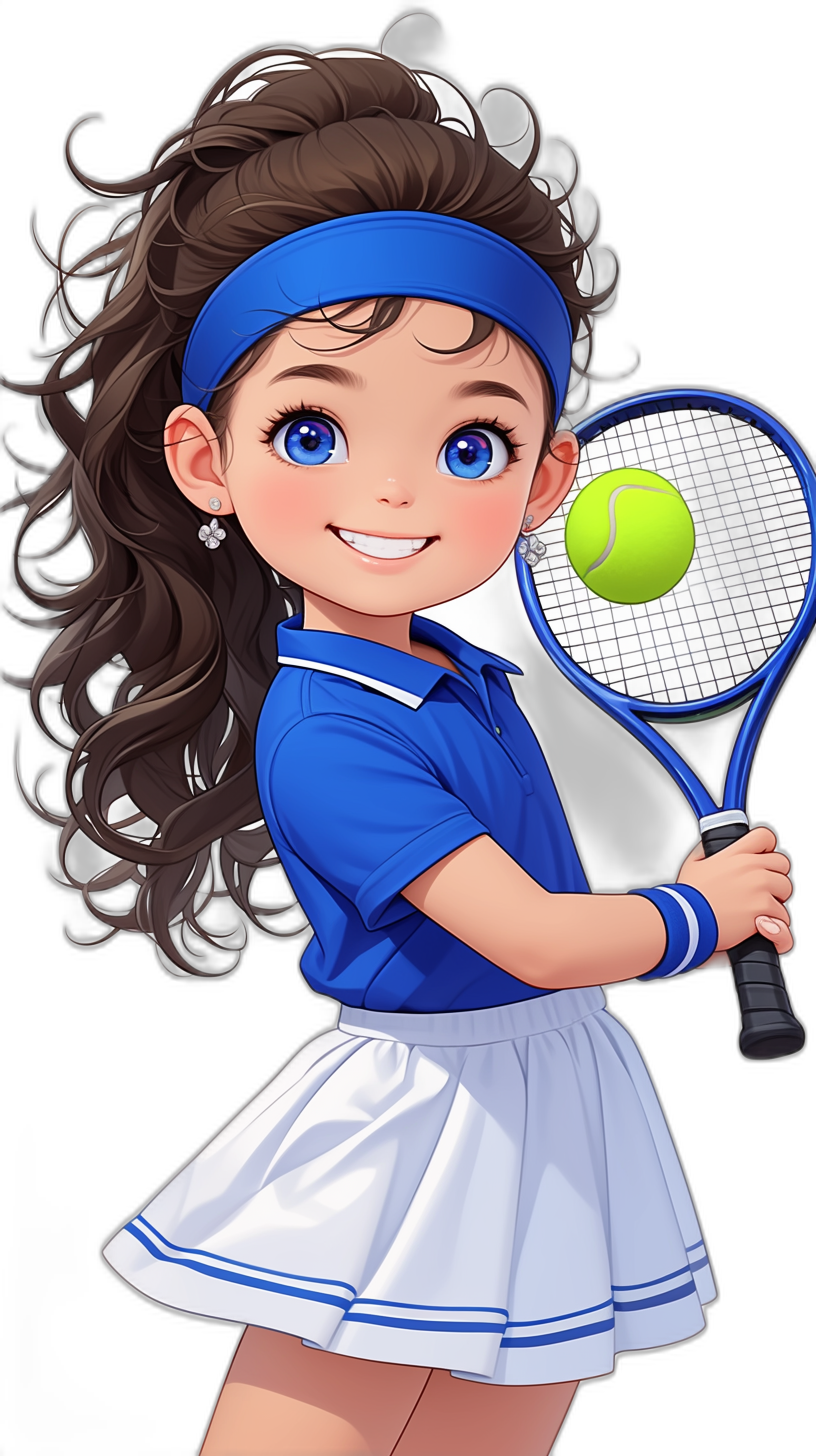 Tall, cute little girl with dark brown curly hair in an updo wearing a blue and white tennis outfit holding a racket playing tennis smiling on a black background in the style of an anime character design, 2D game art, blue eyes, high detail.