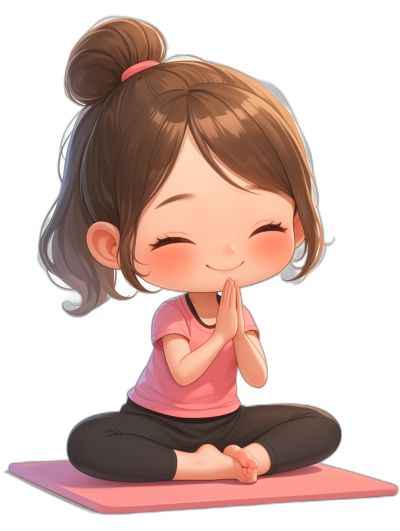 chibi style, chibi girl doing a yoga pose on a pink mat with a black background, brown hair in a bun with bangs covering half of her face, wearing dark pants and a light red t-shirt, a happy expression, hands clasped together, closed eyes, a smiling mouth, a smiling cheek in the style of chibi.