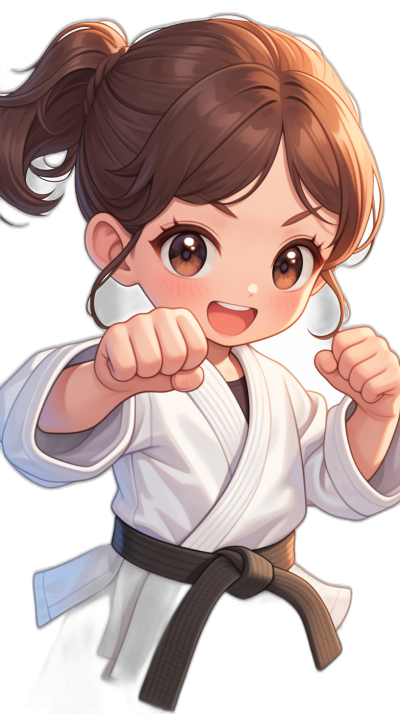 Chibi girl with brown hair in a ponytail, wearing a white jiu-jitsu gi, black background, karate kick pose, a close-up of the character's face showing her expression and emotions, bright color palette, 2D game art style, kawaii cartoon characters, flat shading, bold outlines, simple line work, low detail rendering, high resolution, high details in the style of various artists.