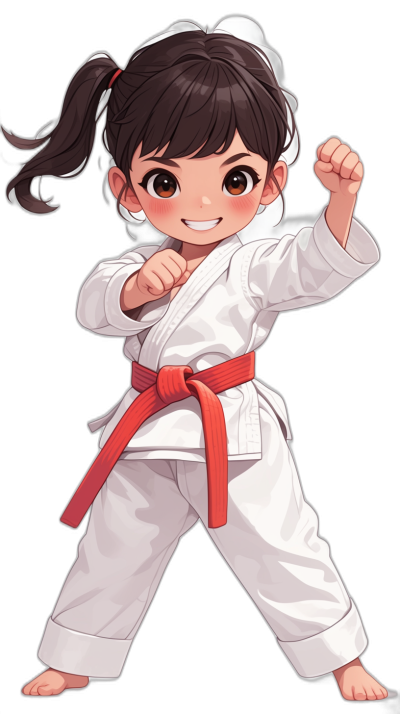 A cute little girl in a white karate outfit with a red belt, smiling and doing a fighting pose. An anime style cartoon illustration with a black background. Full body portrait. She has dark brown hair that is tied into pigtails. Her eyes have an amber color to them. Stylized in the style of anime art.