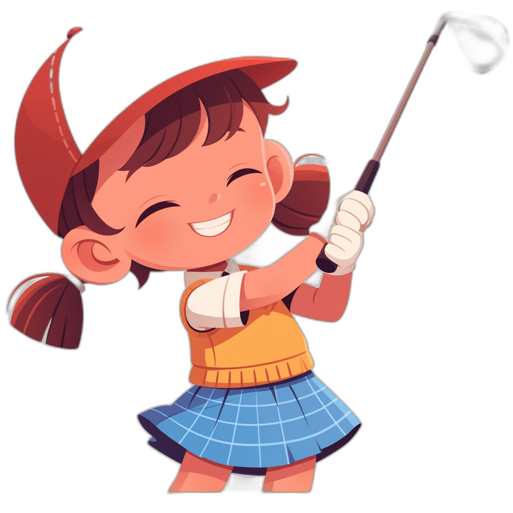 A cute little girl is playing golf, smiling happily, wearing an orange vest and blue plaid skirt with white gloves on her hands, holding the club in one hand while hitting the ball. The style is simple, with a solid black background. It is a cartoon character design in the style of vector illustration, suitable for 2D game art at high resolution and with high detail quality.