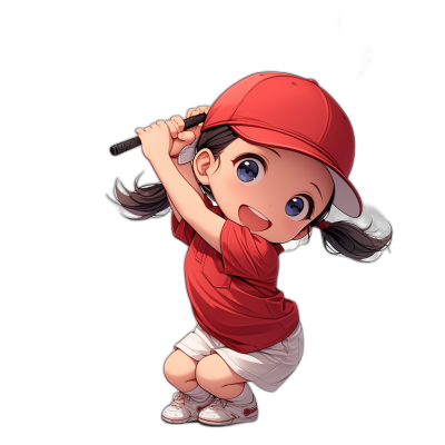 A cute little girl in a red baseball uniform is playing golf with her head down and holding the club to hit it towards you. She has big eyes and wears white shorts under long socks on a black background, in the style of a Japanese anime character. Her expression is happy and she's laughing. The composition of the photo highlights her slender legs. High definition resolution, full body portrait, high angle perspective, studio lighting, soft tones, delicate details.