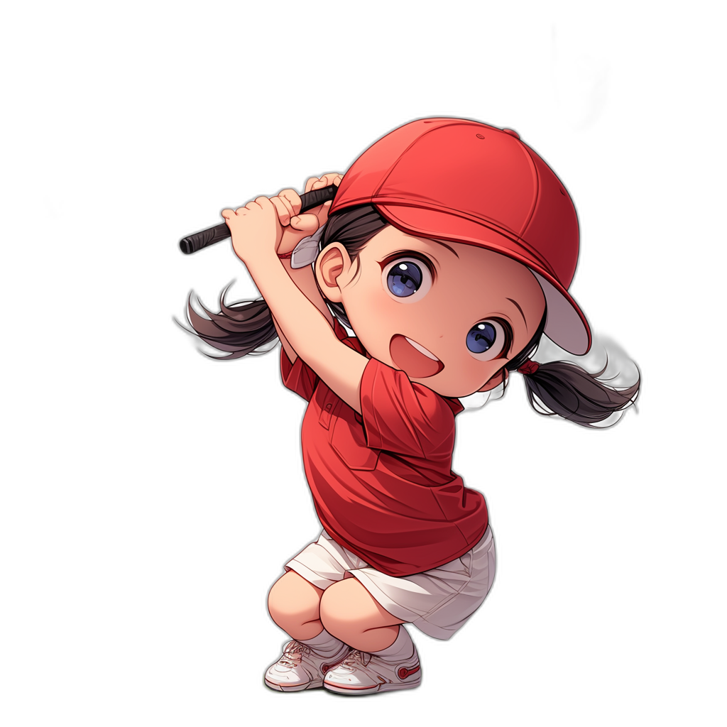 A cute little girl in a red baseball uniform is playing golf with her head down and holding the club to hit it towards you. She has big eyes and wears white shorts under long socks on a black background, in the style of a Japanese anime character. Her expression is happy and she’s laughing. The composition of the photo highlights her slender legs. High definition resolution, full body portrait, high angle perspective, studio lighting, soft tones, delicate details.