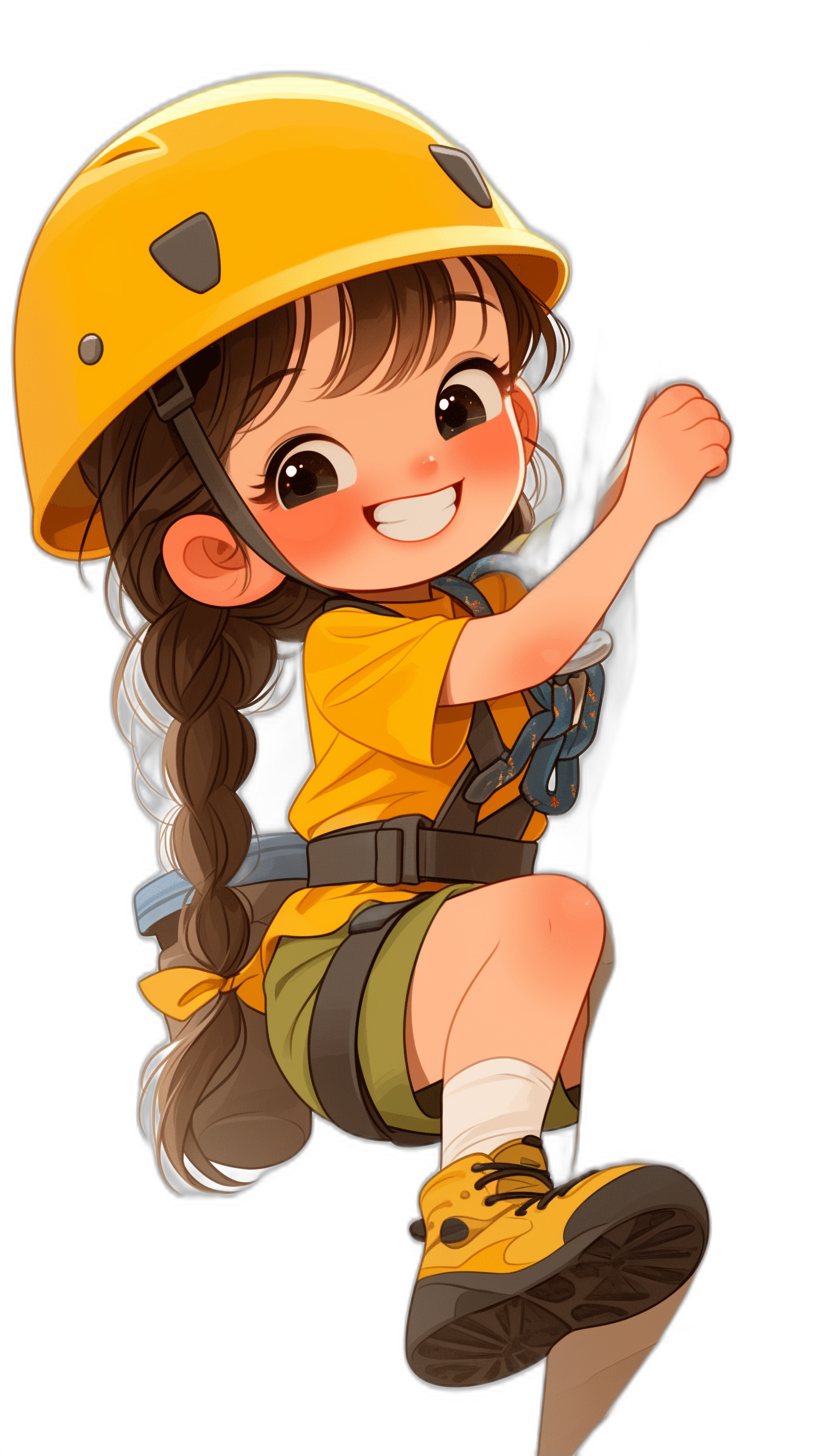 Chibi girl wearing a yellow helmet and climbing outfit, smiling while hanging on a black background in the style of anime.