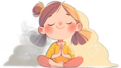 A cute little girl is sitting cross-legged, eyes closed and smiling as she meditates with her hands clasped together in front of her chest. She has long hair tied back into two pigtails, wearing yellow  with pink accents on the collar line. The background features a dark color scheme with smoke rising from behind it. This cartoon-style illustration was created using digital art techniques, featuring a flat design style with bright colors and a simple black outline. The illustration is in the style of a cartoon-style digital artist.