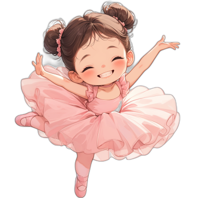 A cute little girl ballerina in a pink dress smiling and dancing, vector illustration with a black background, simple chibi style, adorable character illustration in the style of [Lilia Alvarado](https://goo.gl/search?artist%20Lilia%20Alvarado) and in the style of [Artgerm](https://goo.gl/search?artist%20Artgerm), pixiv contest winner, digital art, flat color