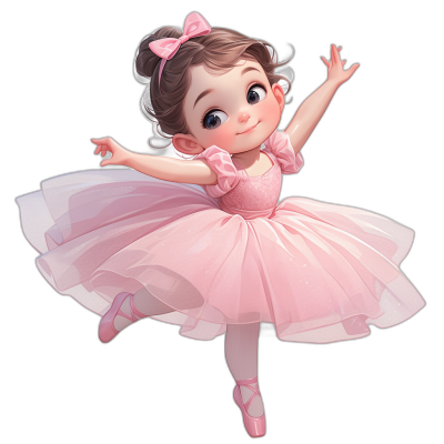 Cute little girl in a pink tutu in a ballet pose wearing ballerina shoes on a black background in the style of a cartoon. Vector illustration of a cute 2d art ballet scene in a flat design digital painting with bright colors, high resolution, high detail, high quality, high definition, high contrast, high sharpness, high clarity, high focus, high texture, high color saturation, and high color film.