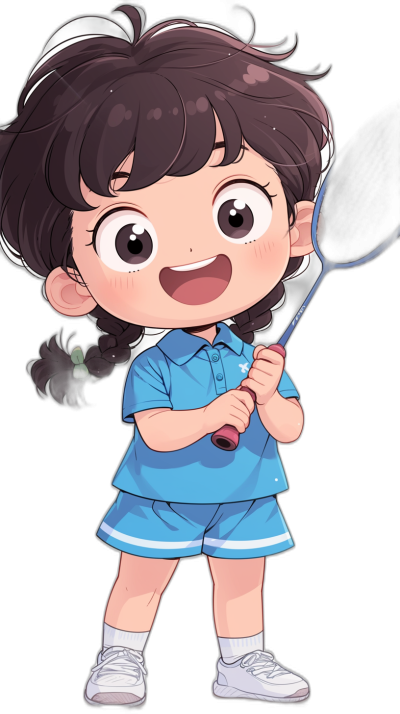 A cute little girl in a blue badminton uniform, holding a racket and smiling happily, with short black curly braided hair, white shoes, in the style of an anime character design, a cartoon illustration, on a pure black background, for a high definition wallpaper.