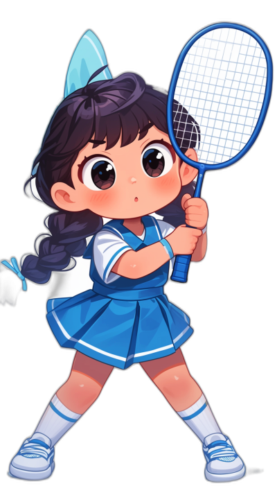 A cute little girl playing badminton, wearing blue and white school uniform with short sleeves, dark hair in double ponytail style, holding racket high definition character design, black background, chibi anime cartoon style