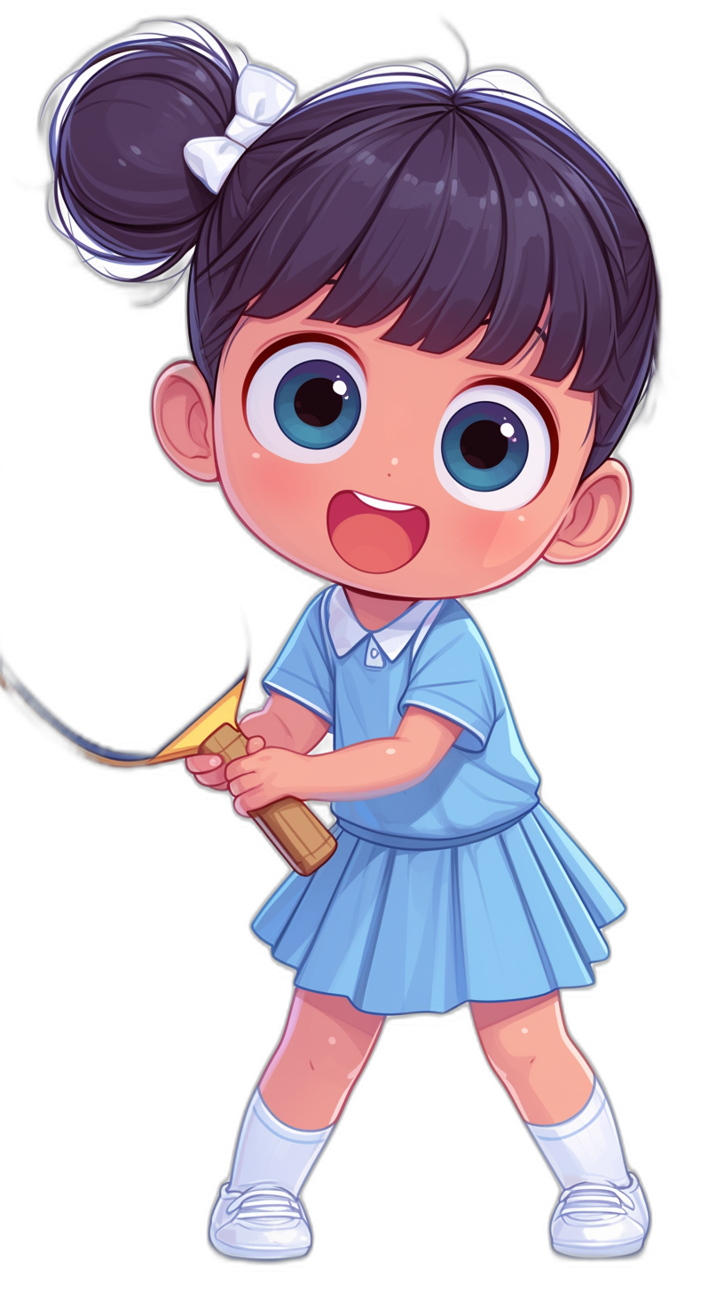 A cute little girl with big eyes, wearing a blue school uniform and white shoes is playing badminton in the style of chibi character design. This cartoon illustration shows her full body portrait on a black background. The simple, cute style features simple hair details and an exaggerated, happy expression as she smiles while holding her weapon in both hands. The illustration is done in a cartoon style suitable for 2D game art, with high resolution and detail.