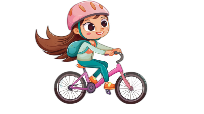 Cute girl cartoon character riding on her bike isolated on a black background, vector illustration in the style of flat design, colorful and vibrant colors, 2D animation style, simple, full body shot, high resolution, high quality, high detail, high sharpness, high definition.