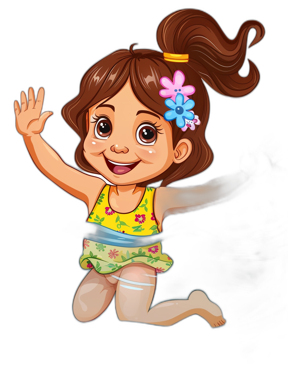 A cute little girl in swimming suit jumping with happy face expression, hair is brown and has blue flower on her head, simple cartoon style drawing, full body portrait, solid black background, high resolution, no text or letters of any kind. . Pixar Disney Style