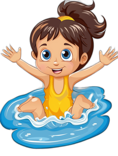 Cute cartoon girl playing in the water, vector illustration style, simple stroke lines, black background, flat colors, cartoon character design, bright color scheme, cartoon sticker design, cute baby girl wearing a yellow swimming suit, happy expression. The little finger is waving happily and smiling at you, the body is floating on top of blue waves, high definition resolution, high detail. In the style of a cartoon artist, a cute baby girl wearing a yellow swimming suit happily waves and smiles while floating on blue waves.