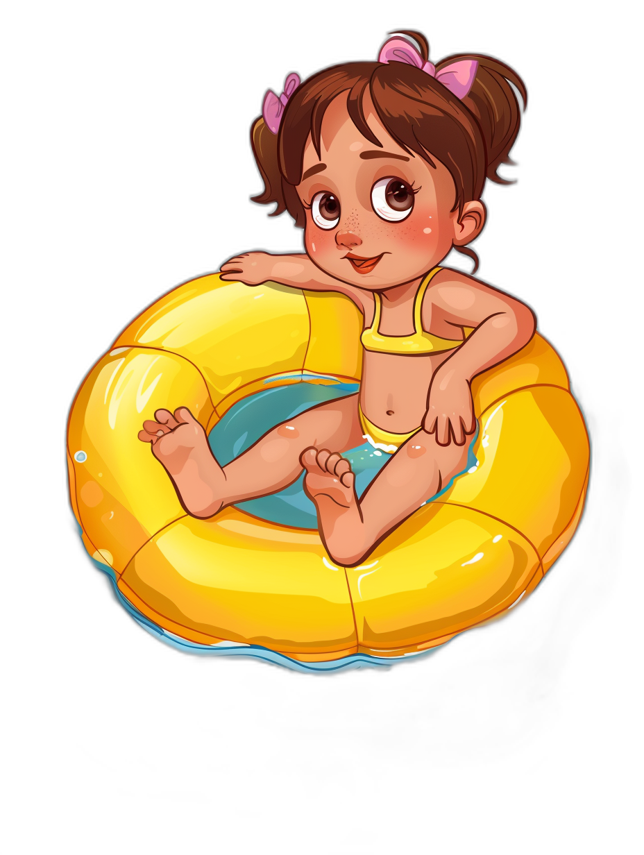 cartoon style cute little girl sitting on an inflatable ring in the style of swimming pool black background