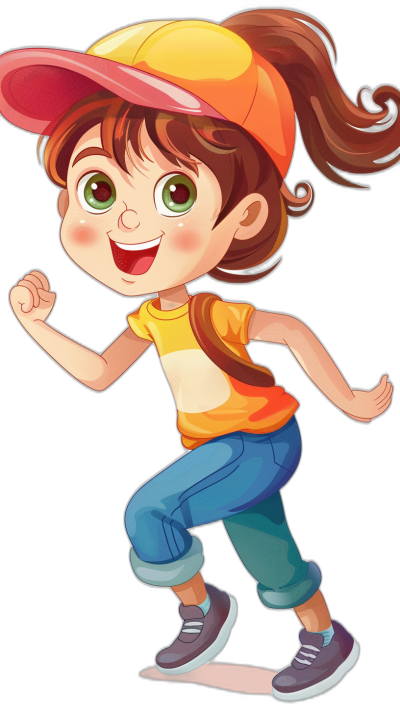 a cute little girl in cartoon style, with big eyes and brown hair ponytail wearing orange cap , blue pants, yellow shirt is running on black background