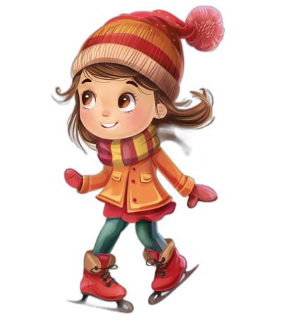 Cute girl skating in the style of clip art, cartoon character style, flat illustration on a black background, wearing winter  and a hat, cartoon drawing full body portrait, wearing gloves on both hands, happy expression with bright colors and high details, best quality, best resolution, best color matching, high definition.