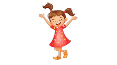 A cute little girl wearing a red dress with two pigtails jumping happily. A New Year atmosphere, in the style of a cartoon. A simple drawing style, vector illustration, black background, no shadow on the ground, a full body shot, high resolution.